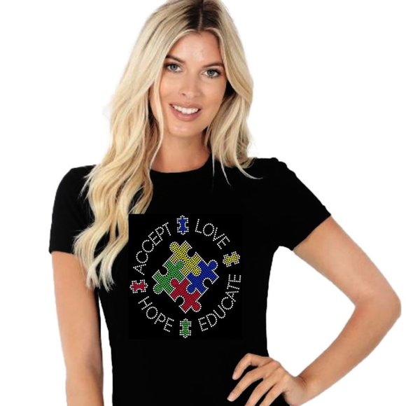 Autism Love Sparkling Rhinestone Tshirt - Picture 1 of 2